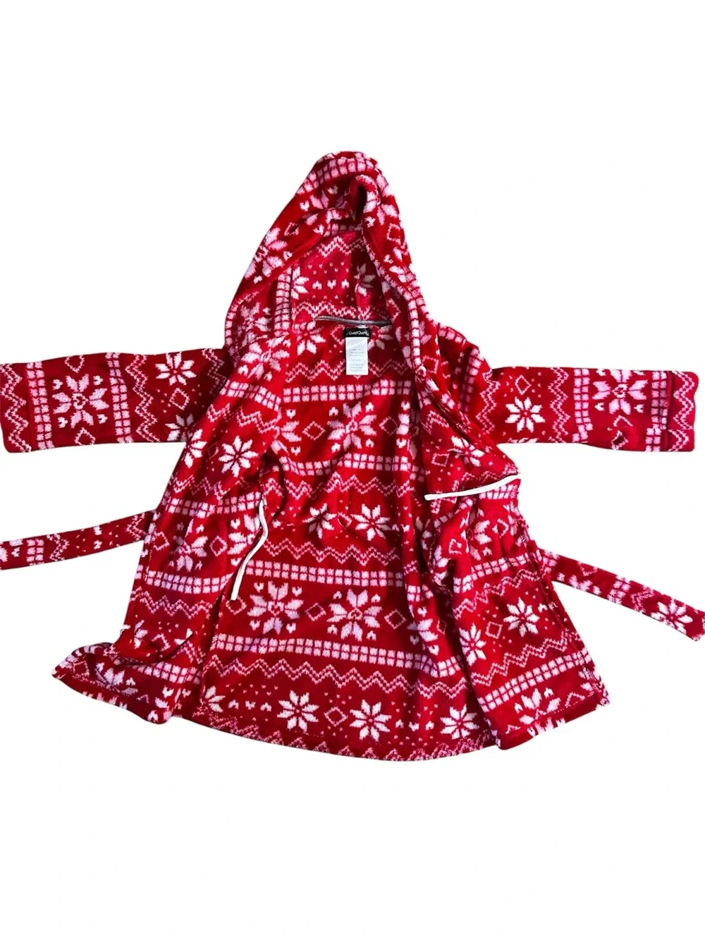 Cuddl Duds Red and White Hooded Kids Fleece Robe with Snowflake Print